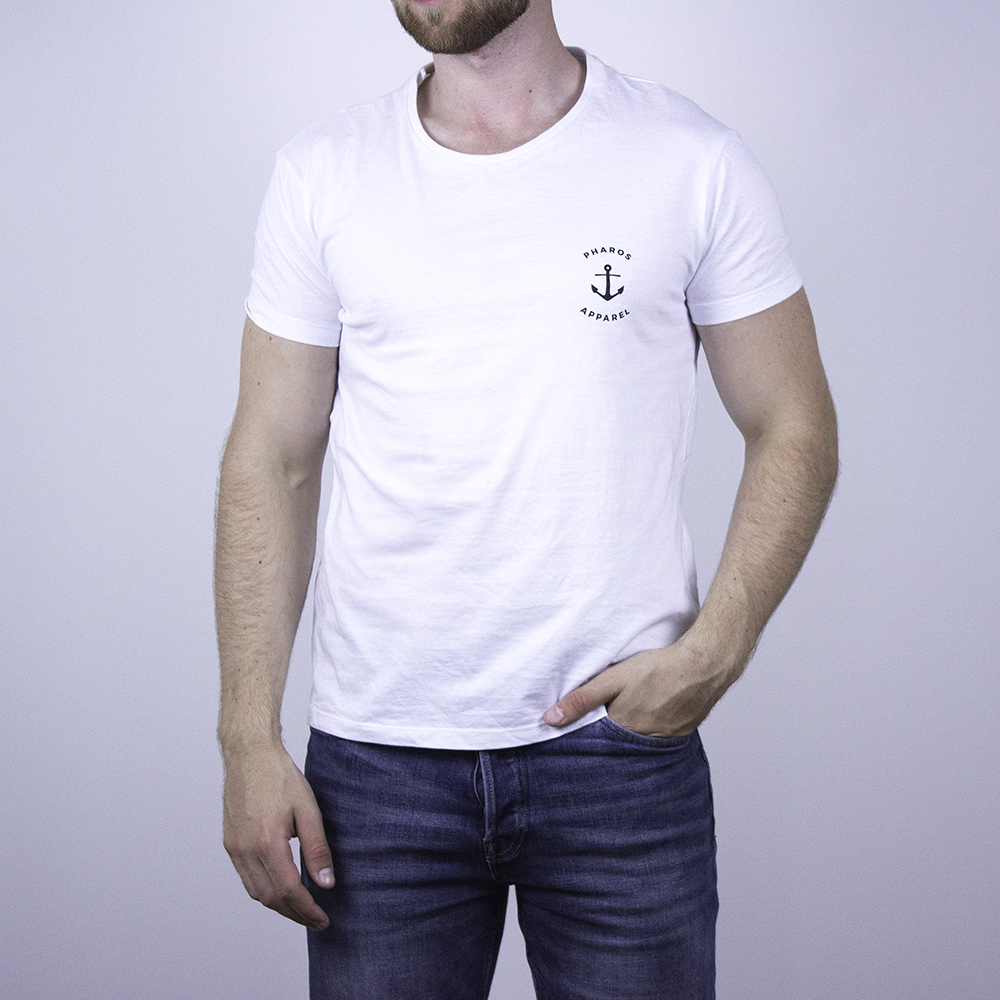 White Nautical T-shirt with Black Anchor | Pharos Apparel